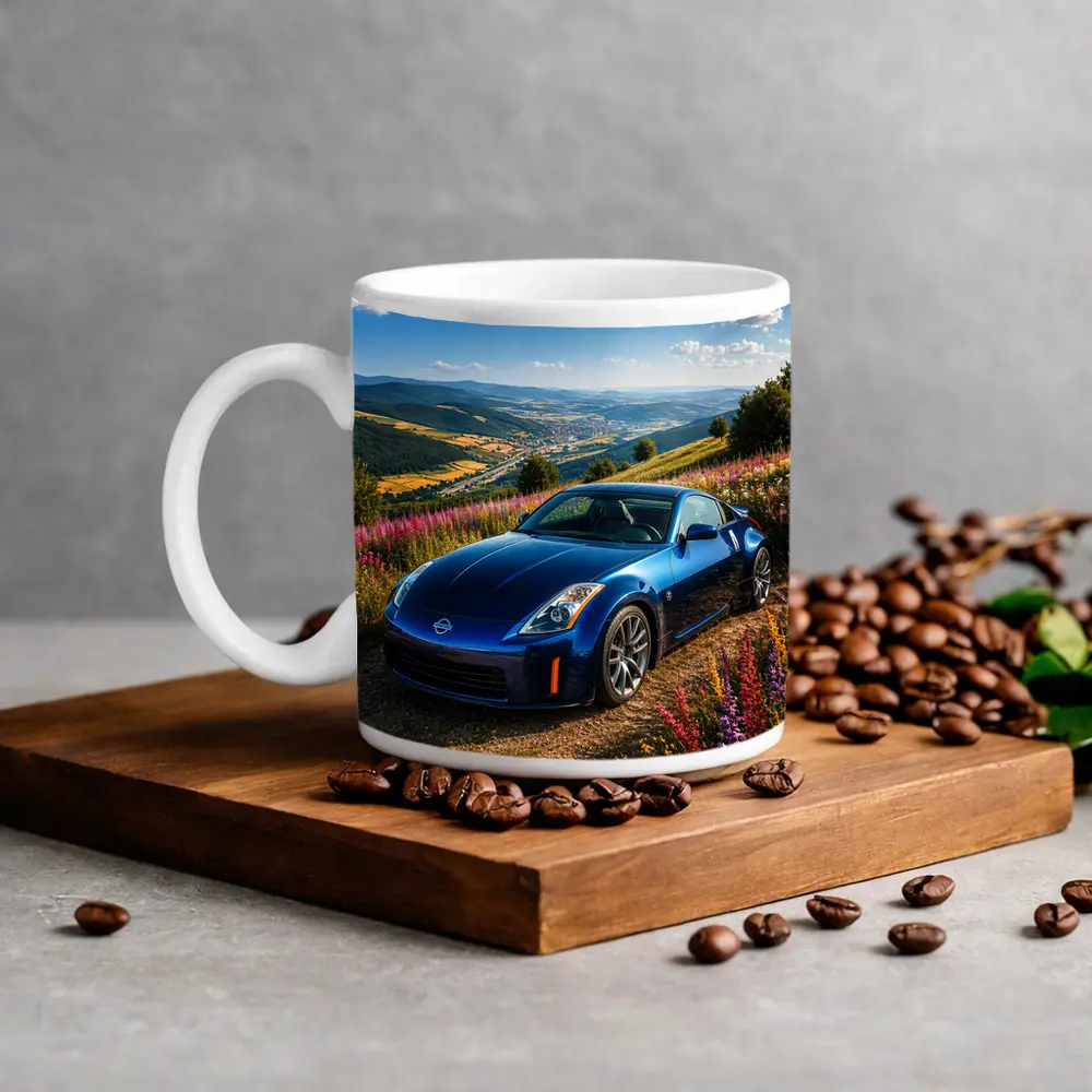 Nissan 350Z Blue Sports Car Hillside View – Mugs
