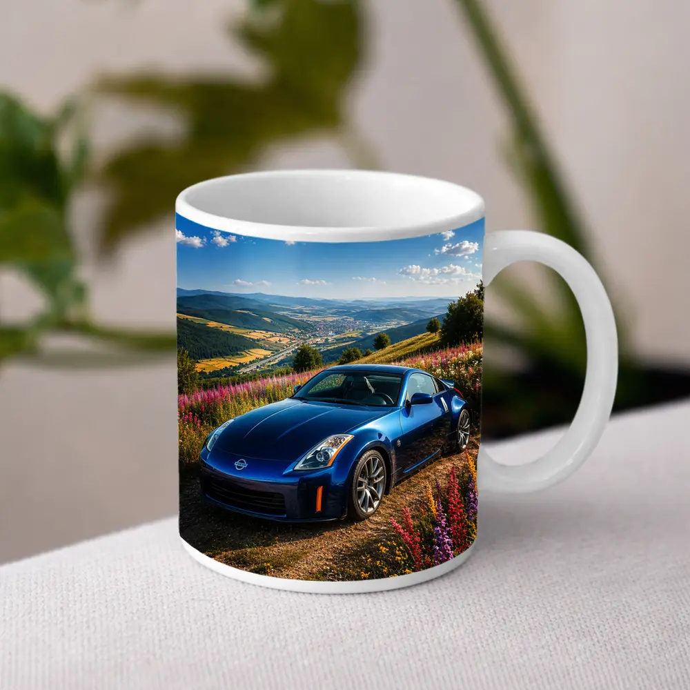 Nissan 350Z Blue Sports Car Hillside View – Mugs