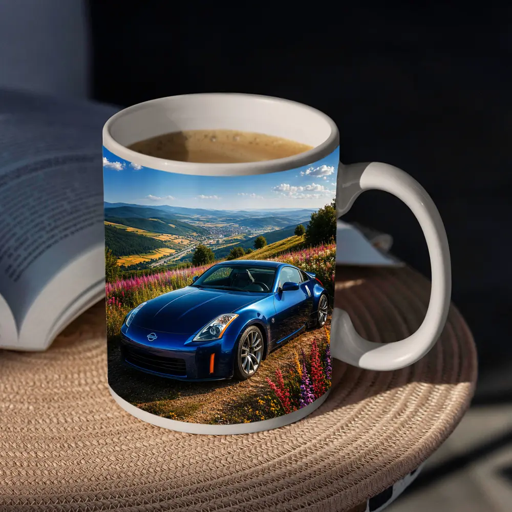Nissan 350Z Blue Sports Car Hillside View – Mugs