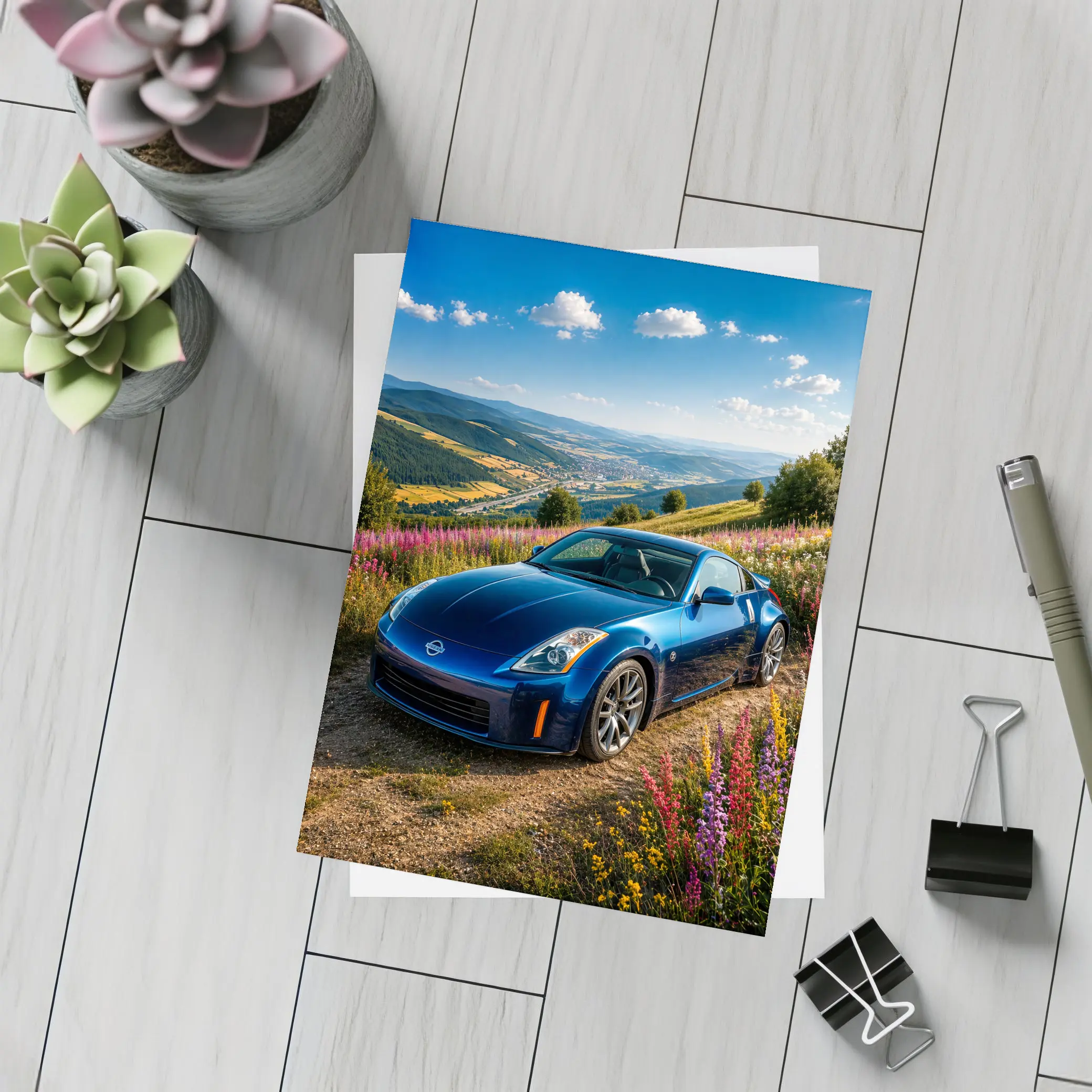 Nissan 350Z Blue Sports Car Hillside View – Postcards