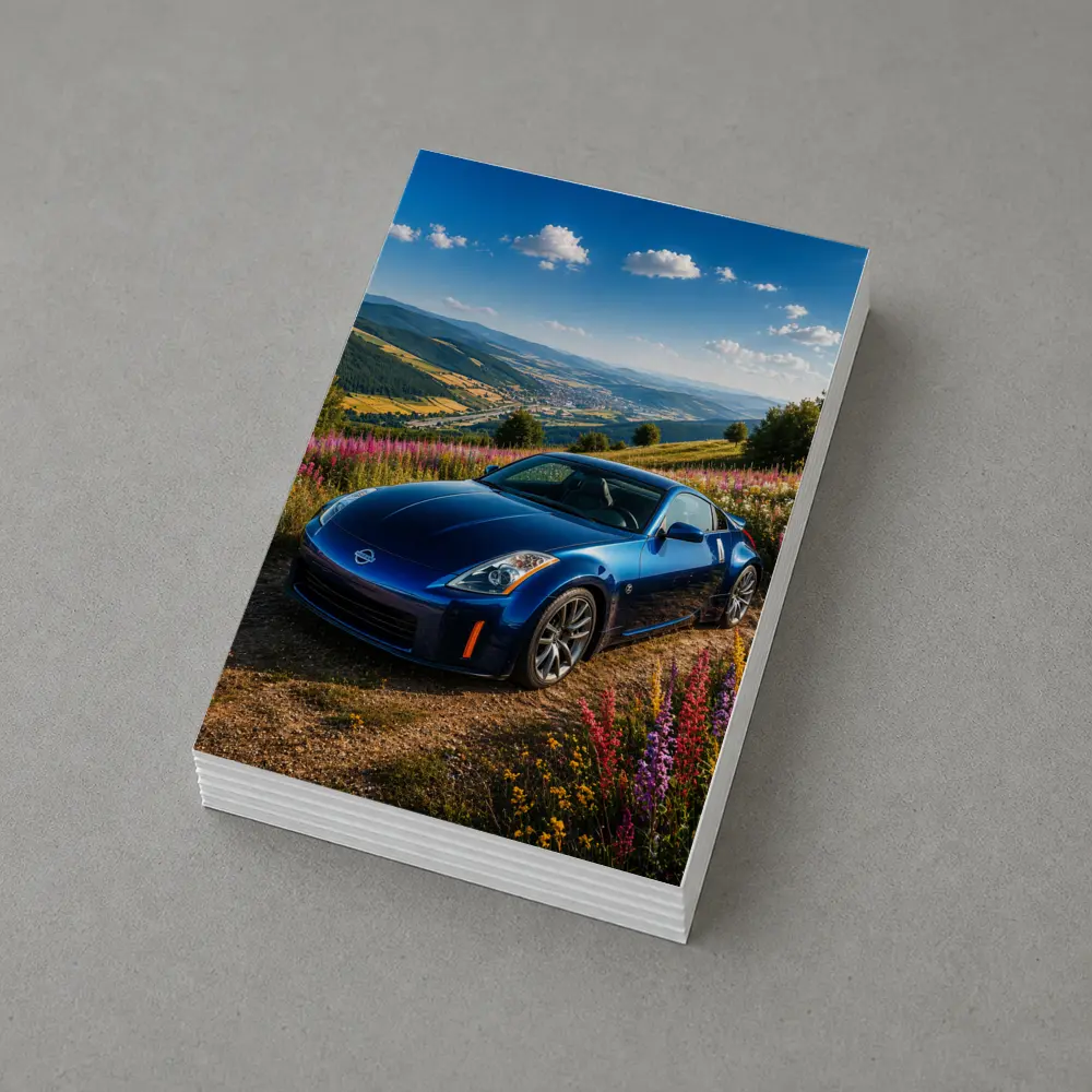 Nissan 350Z Blue Sports Car Hillside View – Postcards