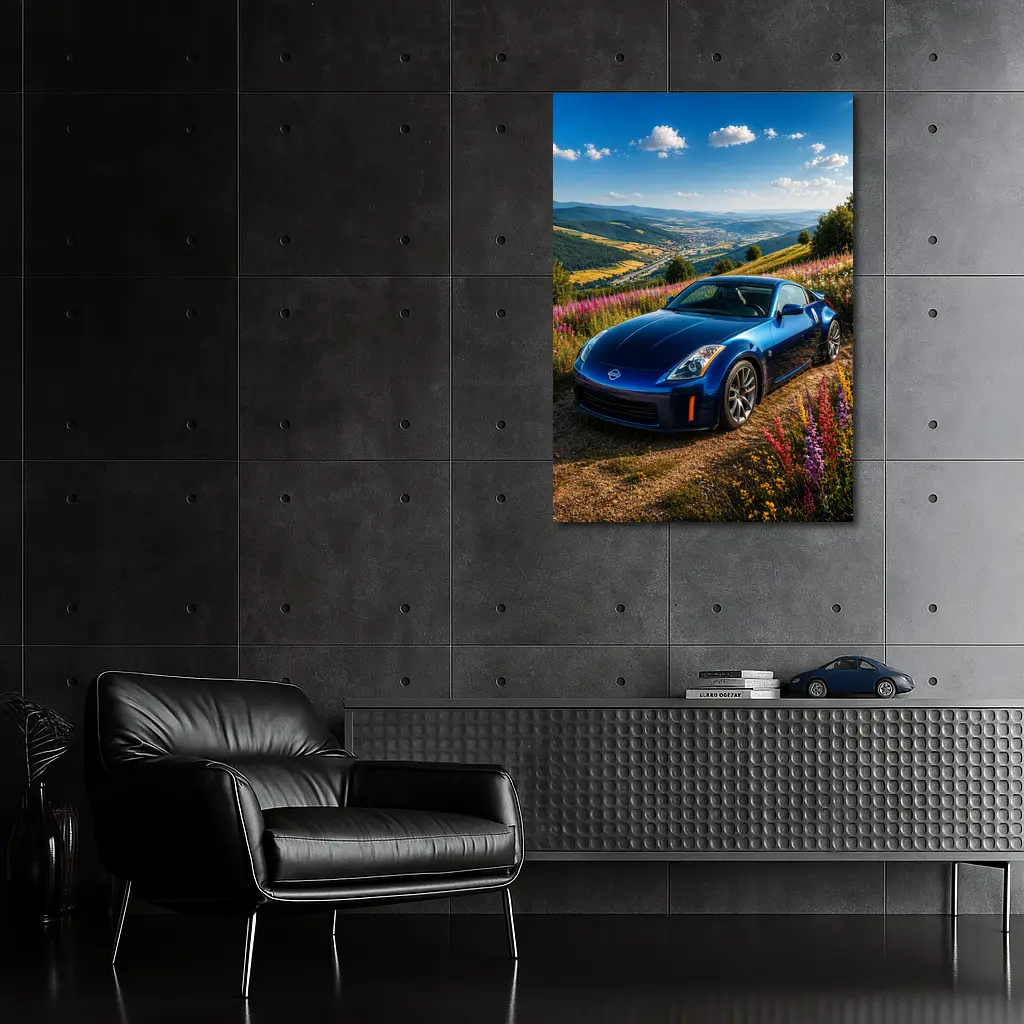Nissan 350Z Blue Sports Car Hillside View – Wall Art