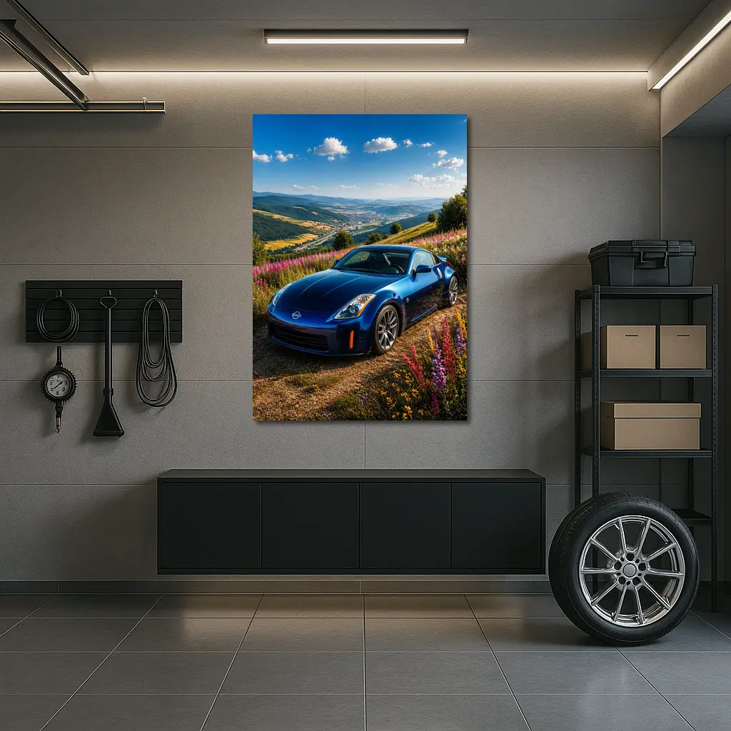 Nissan 350Z Blue Sports Car Hillside View – Wall Art