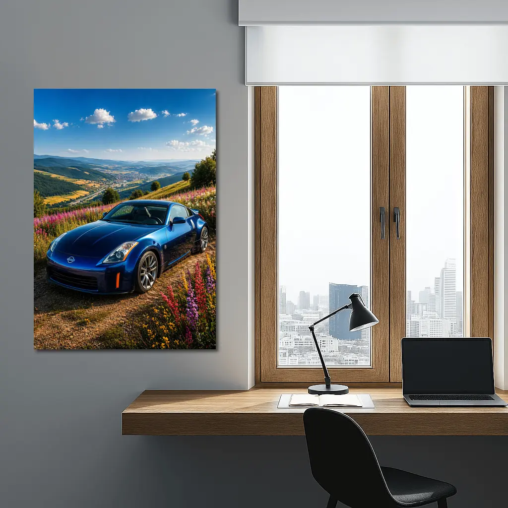 Nissan 350Z Blue Sports Car Hillside View – Wall Art