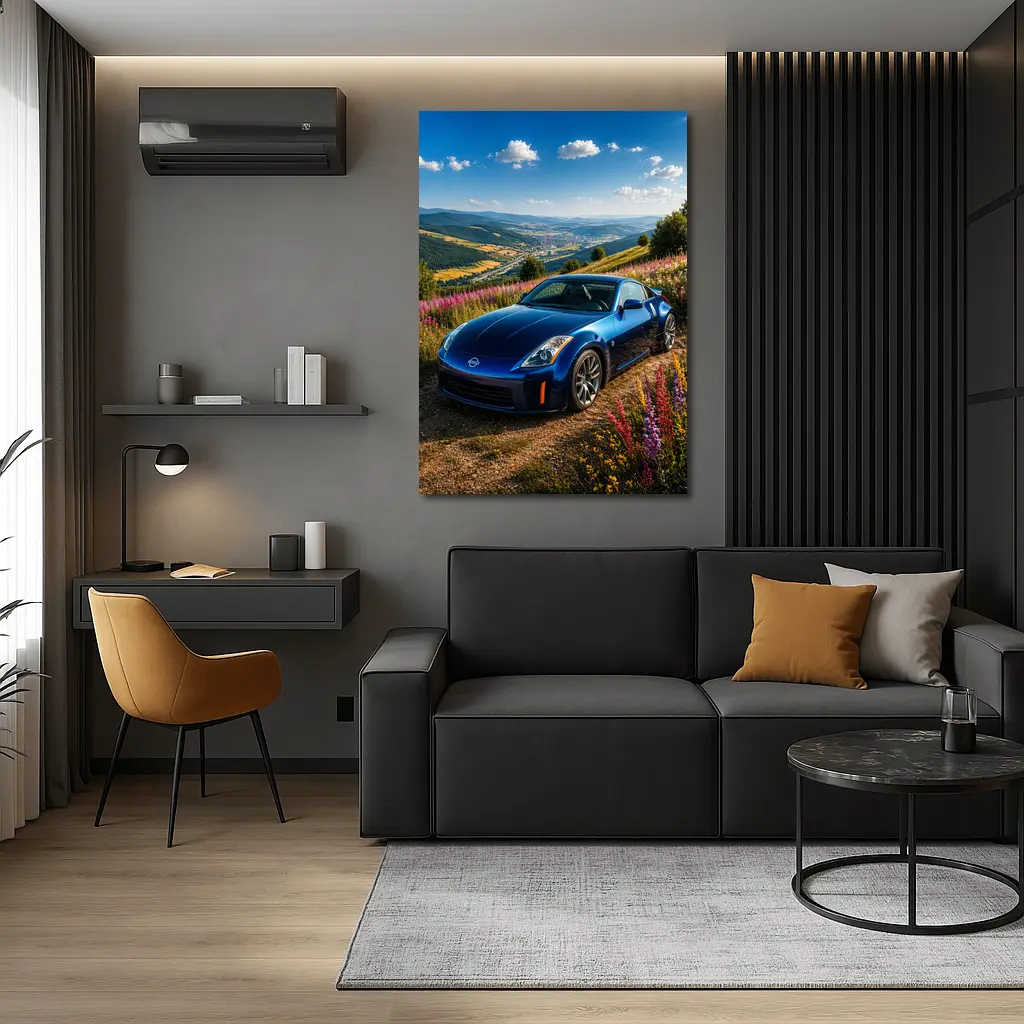 Nissan 350Z Blue Sports Car Hillside View – Wall Art