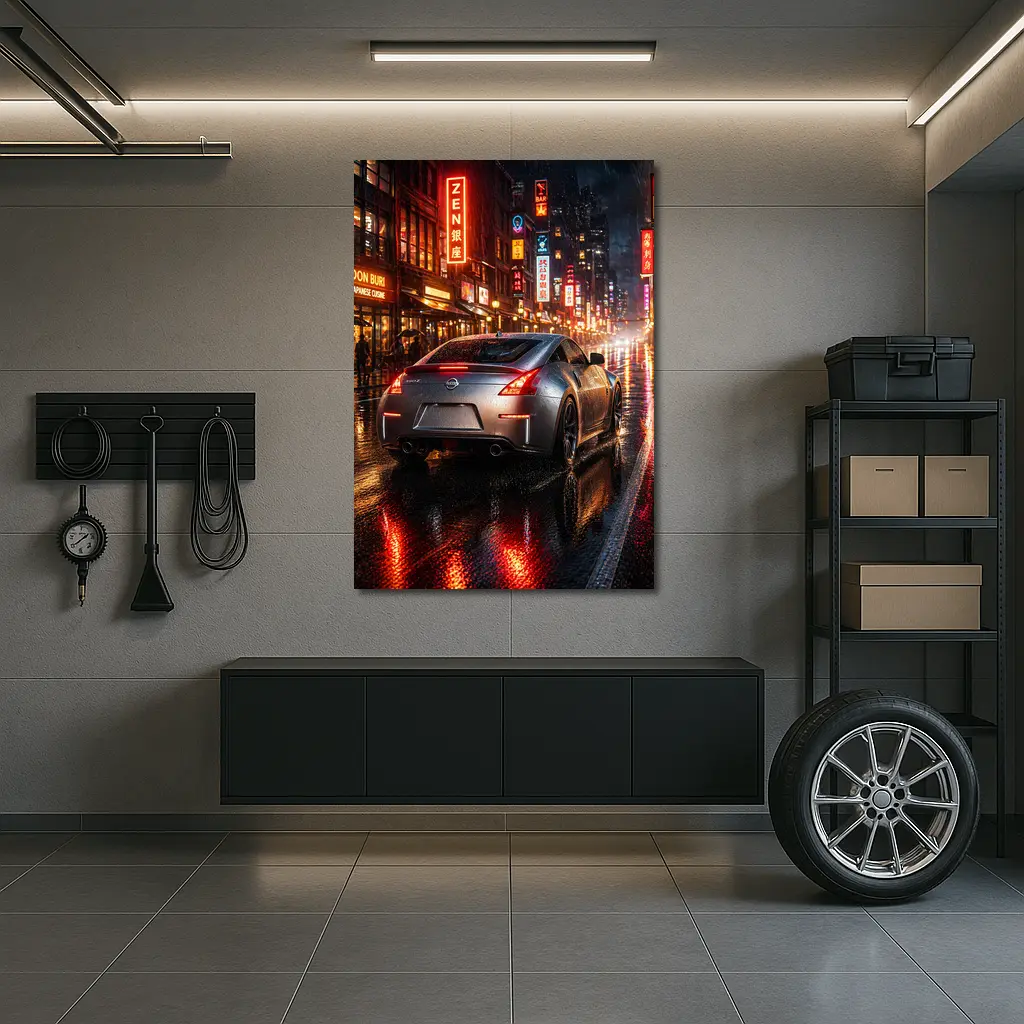 Nissan 350Z Rainy Neon City Night – Wall Art