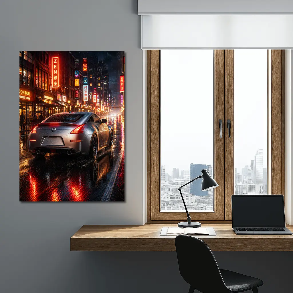 Nissan 350Z Rainy Neon City Night – Wall Art