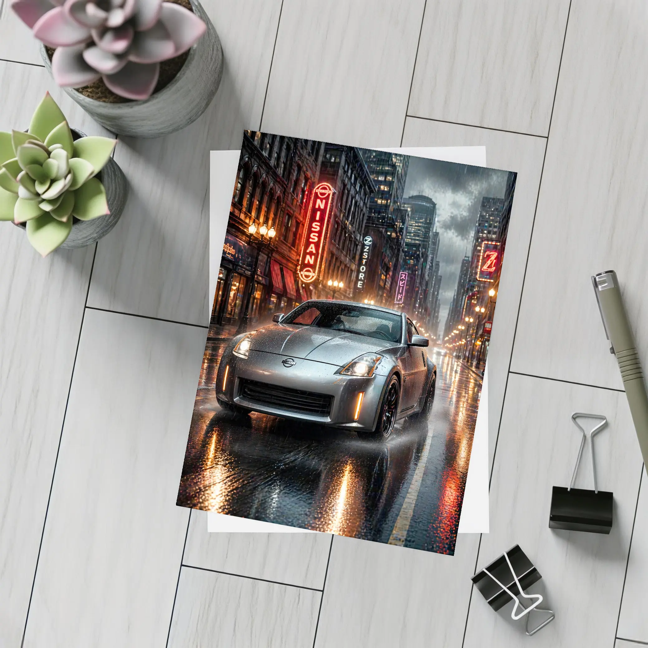 Nissan 350Z Rainy Neon City Night – Postcards