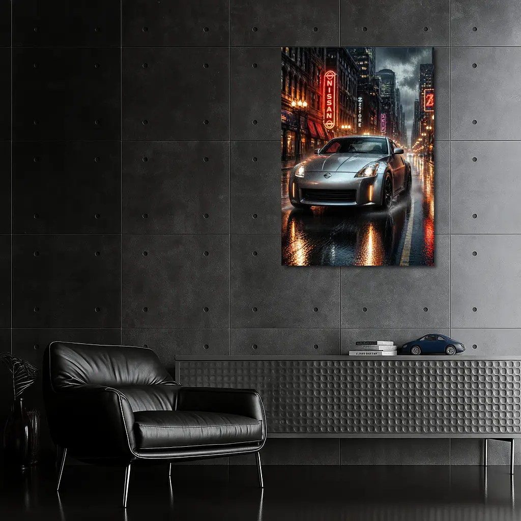 Nissan 350Z Rainy Neon City Night – Wall Art