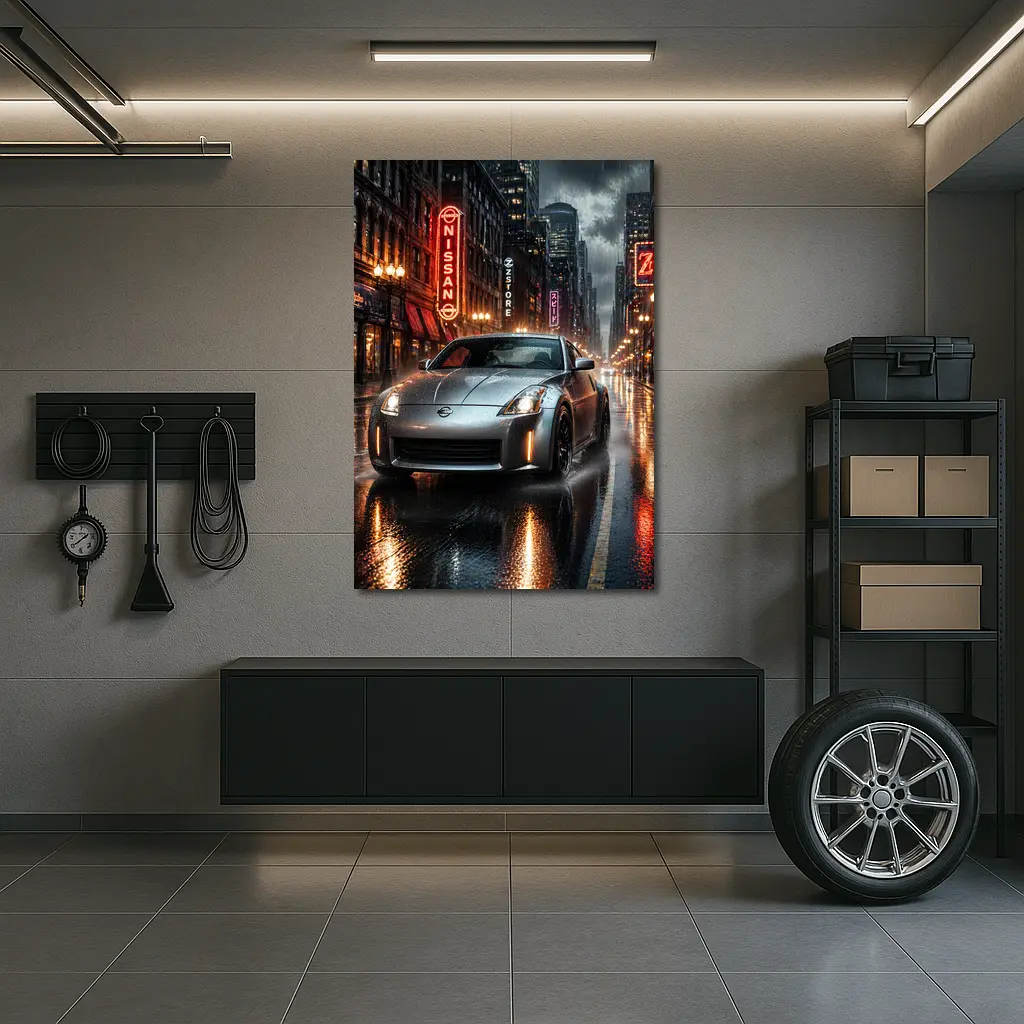 Nissan 350Z Rainy Neon City Night – Wall Art