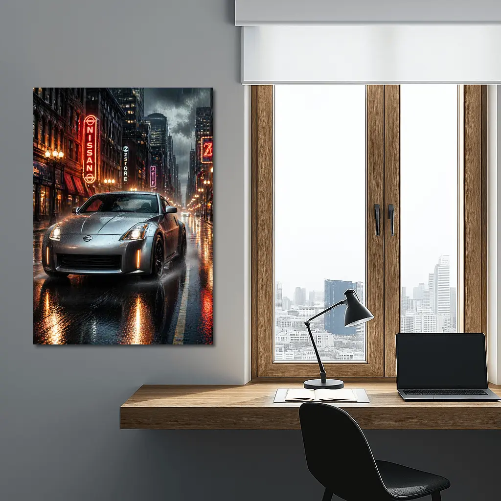 Nissan 350Z Rainy Neon City Night – Wall Art