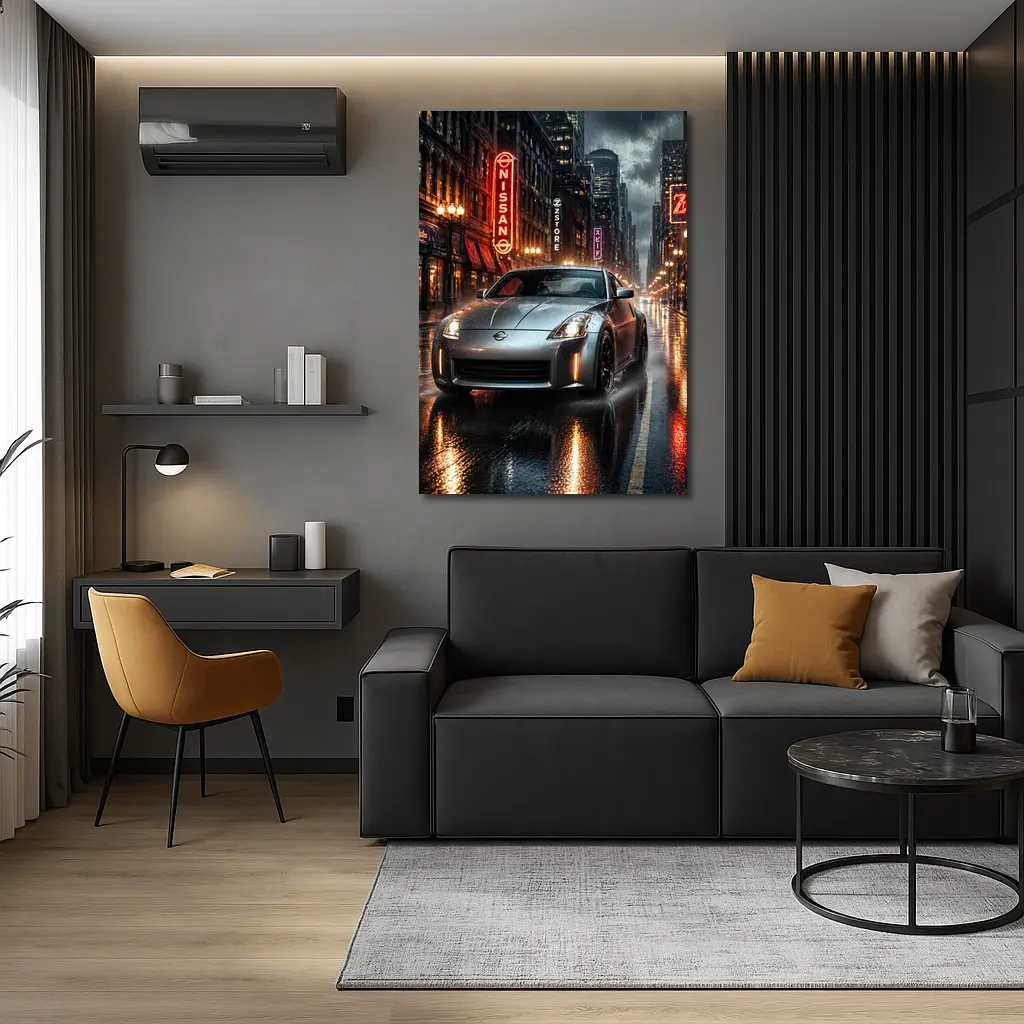 Nissan 350Z Rainy Neon City Night – Wall Art
