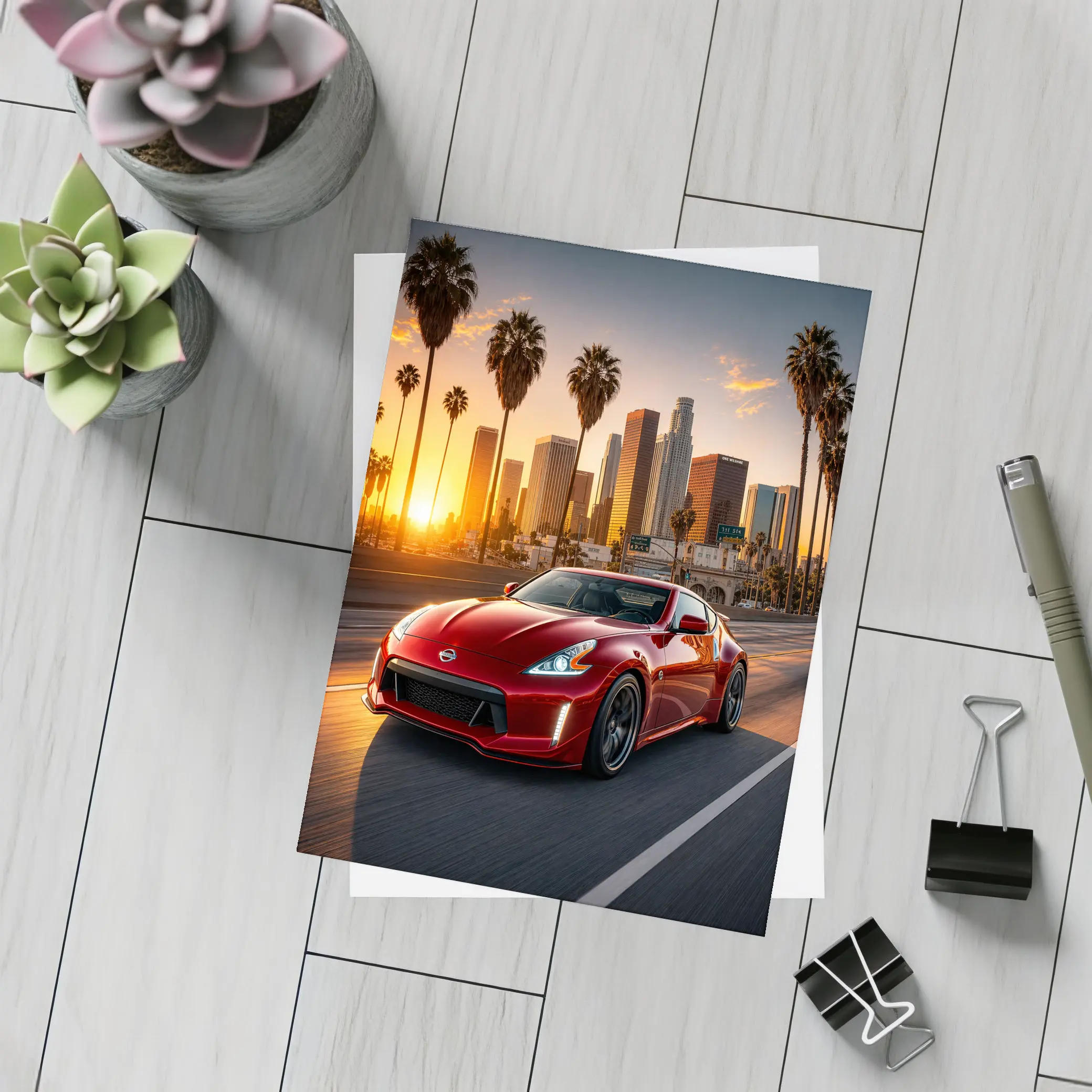 Nissan 370Z Red Los Angeles Sunset Drive – Postcards
