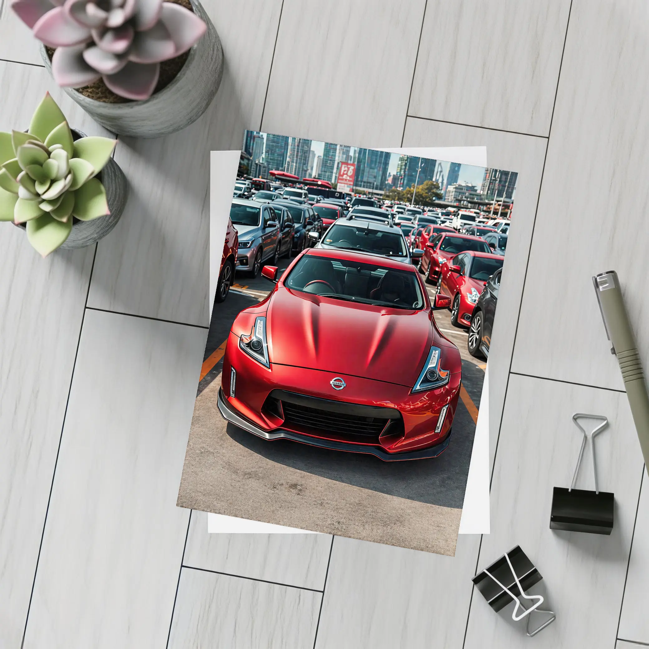 Nissan 370Z Red Sports Car City Parking – Postcards