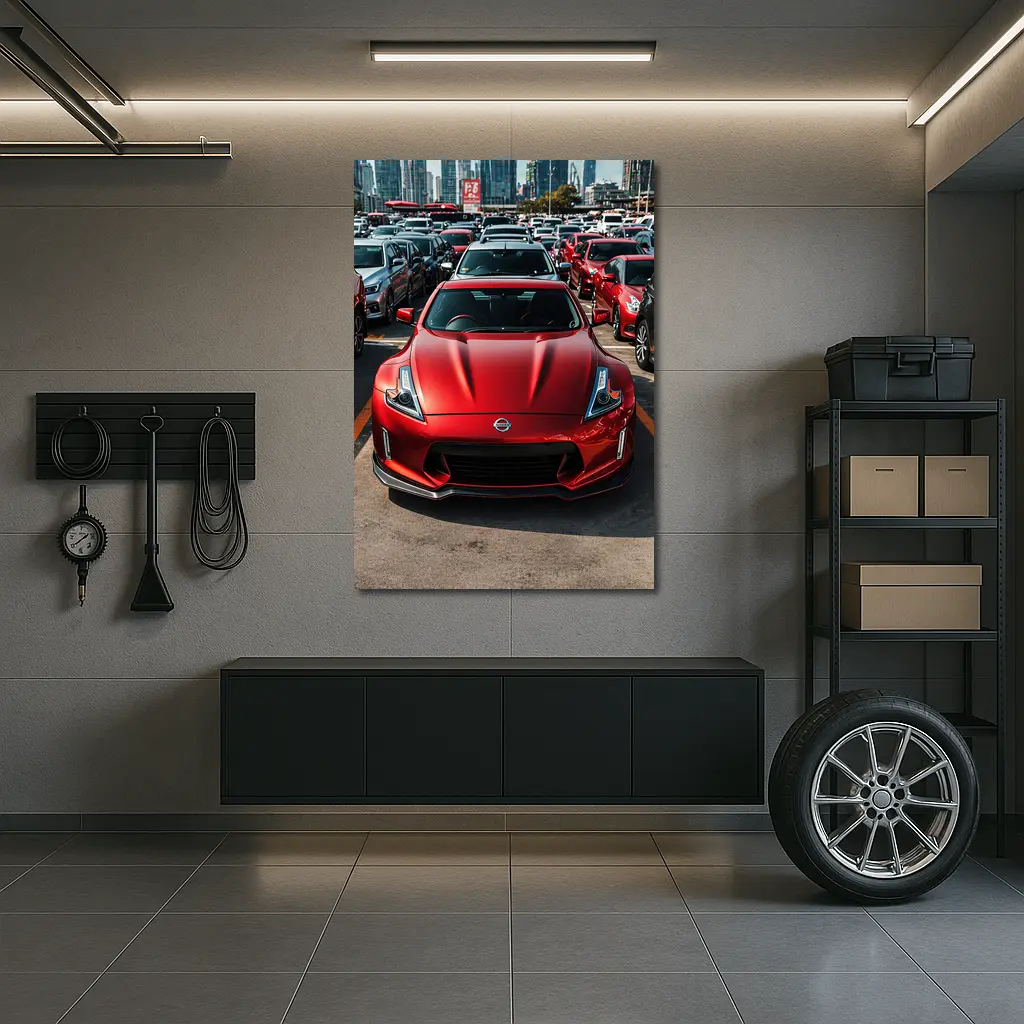 Nissan 370Z Red Sports Car City Parking – Wall Art
