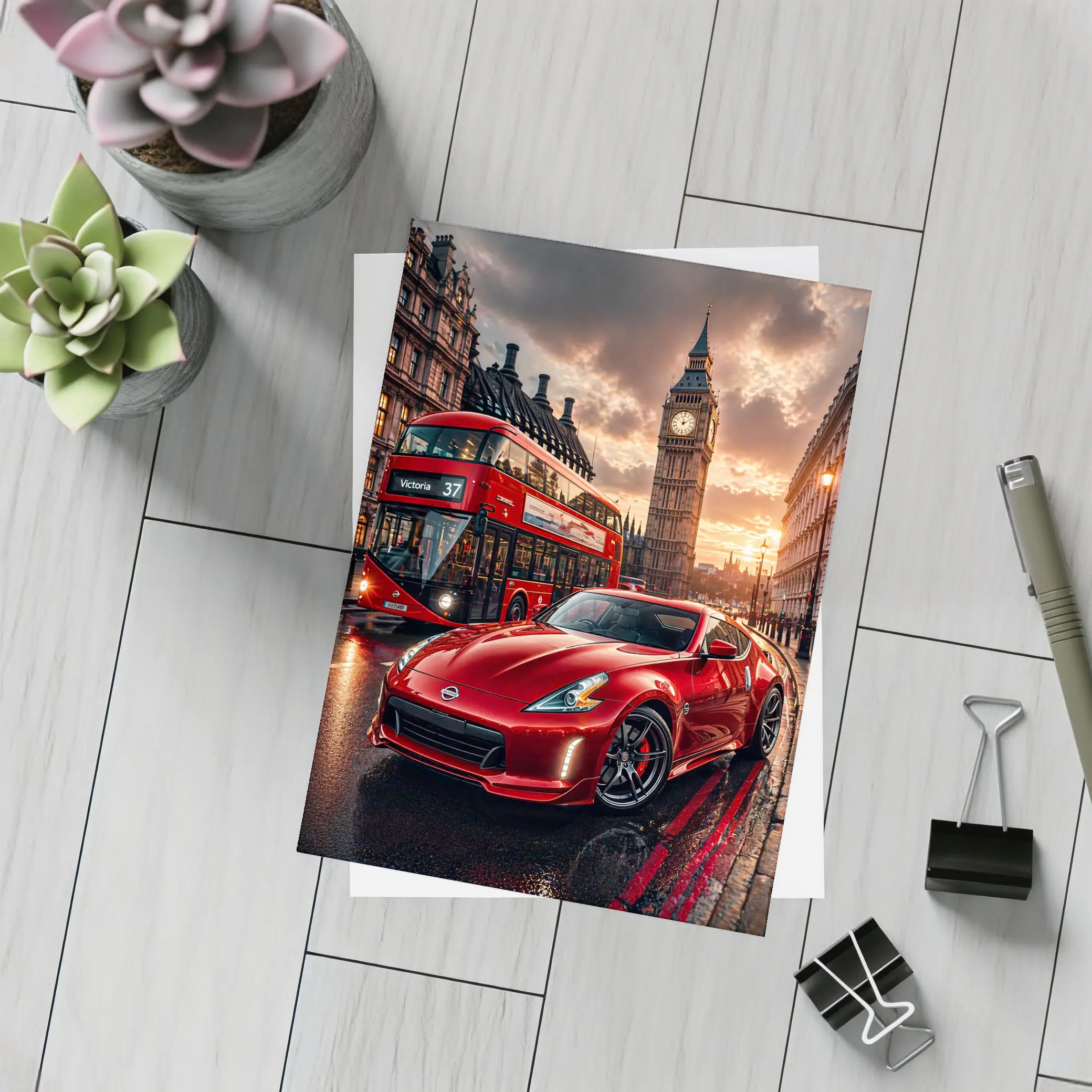 Nissan 370Z Red London Big Ben Street – Postcards
