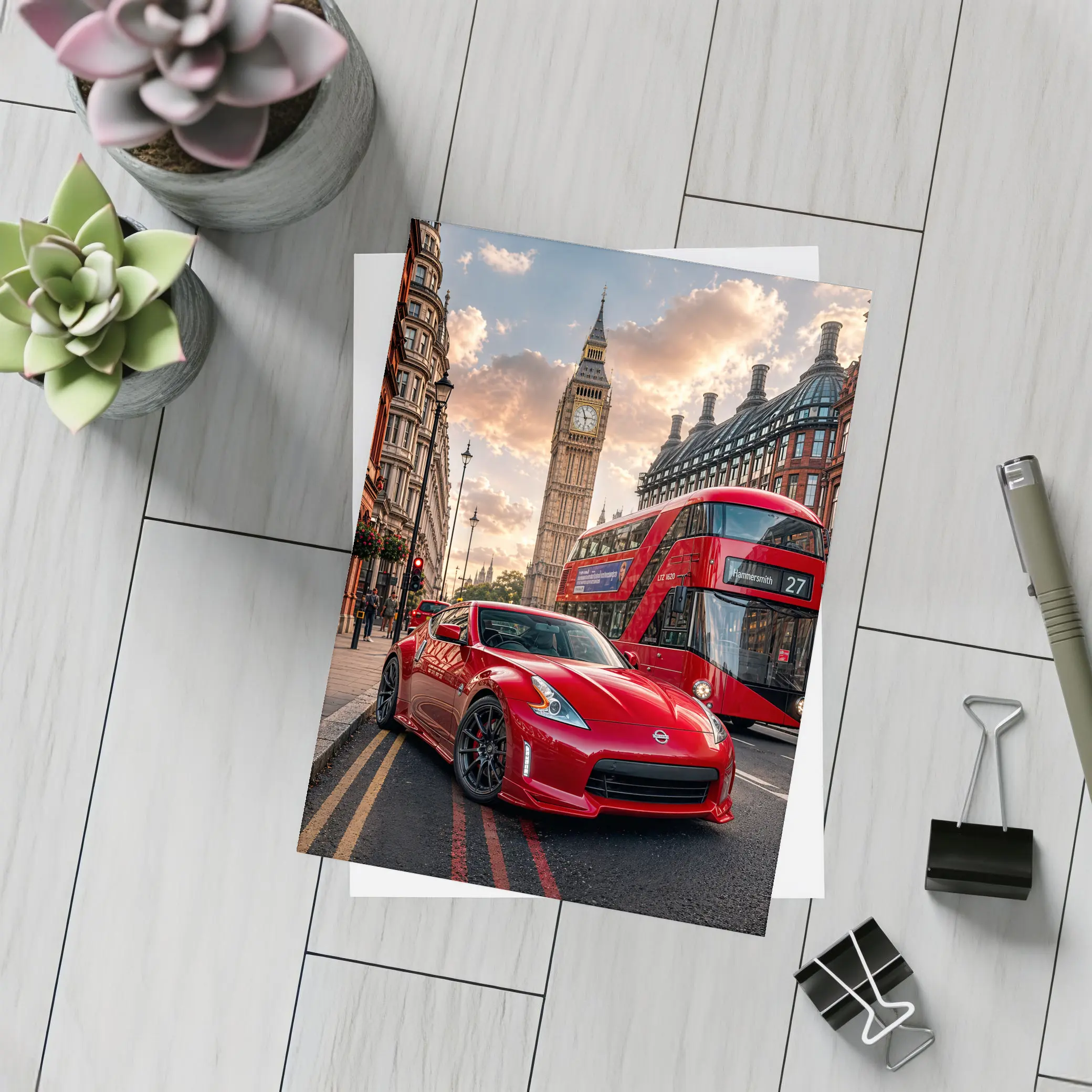 Nissan 370Z Red Sports Car London Street – Postcards