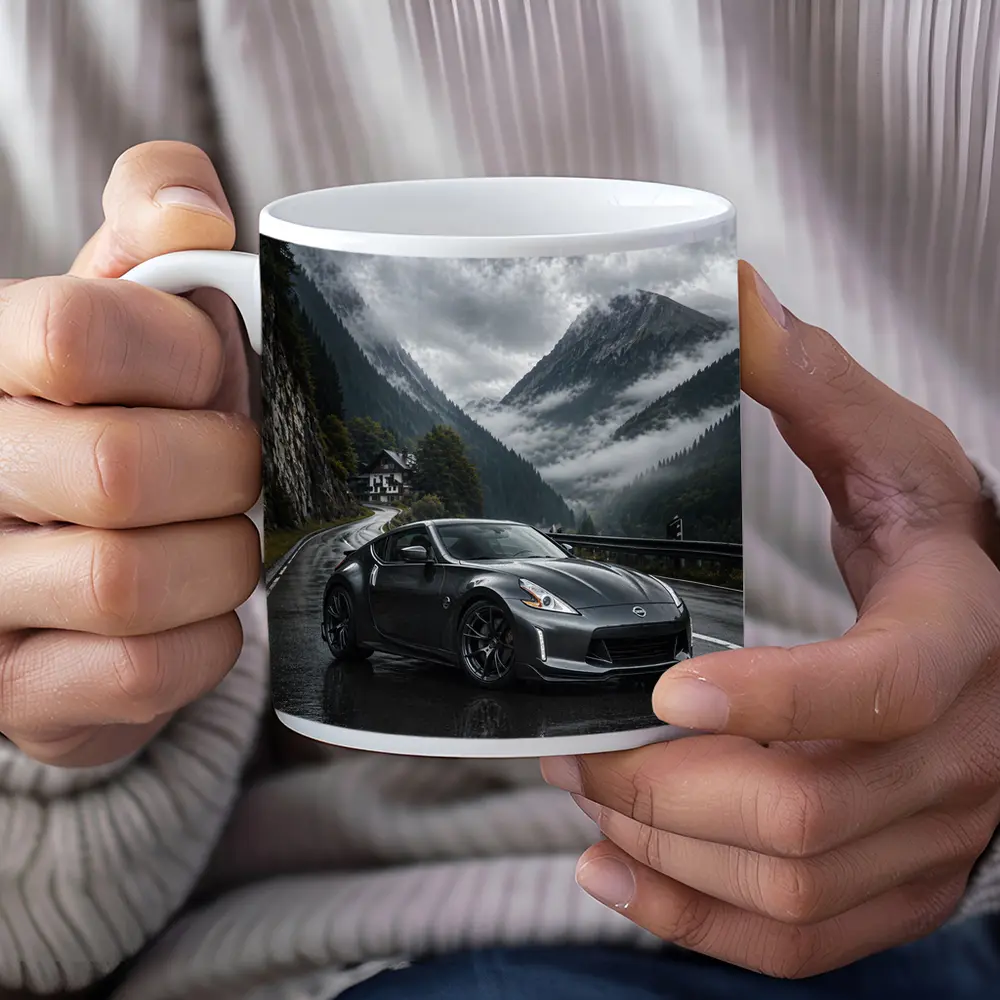 Nissan 370Z on Rainy Mountain Road – Mugs