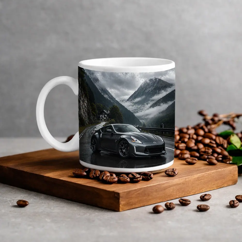 Nissan 370Z on Rainy Mountain Road – Mugs