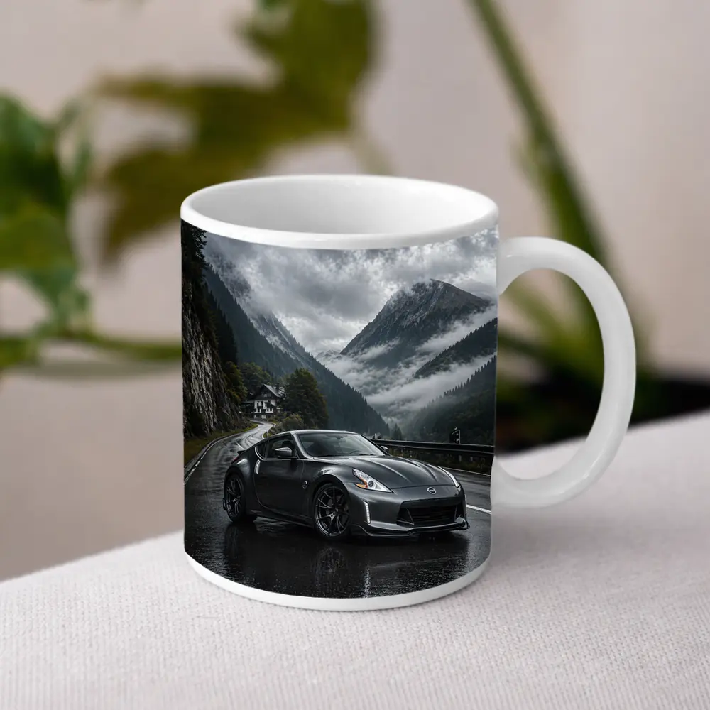 Nissan 370Z on Rainy Mountain Road – Mugs