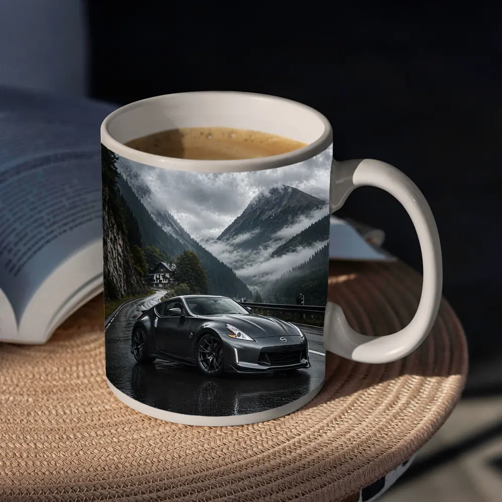 Nissan 370Z on Rainy Mountain Road – Mugs