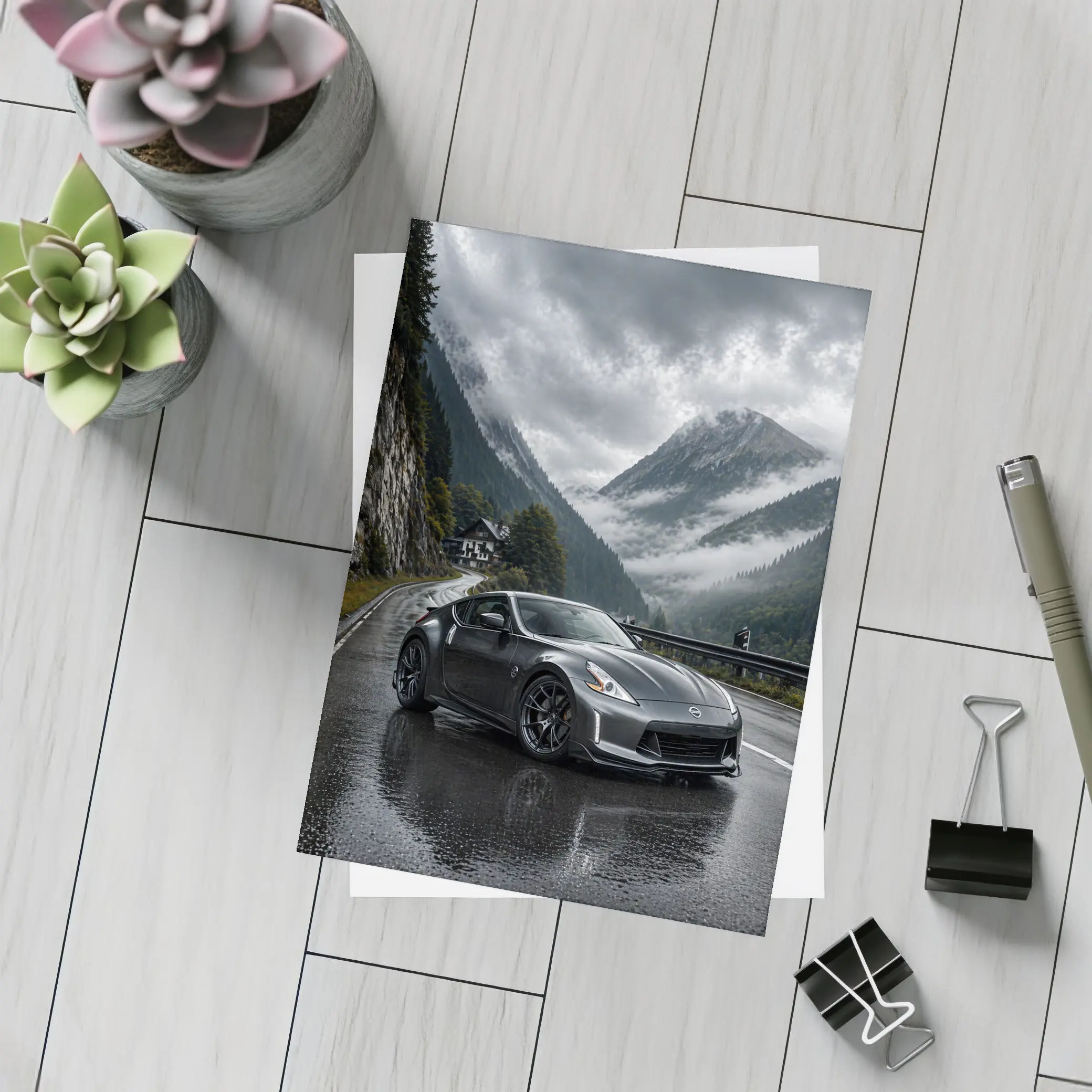 Nissan 370Z on Rainy Mountain Road – Postcards
