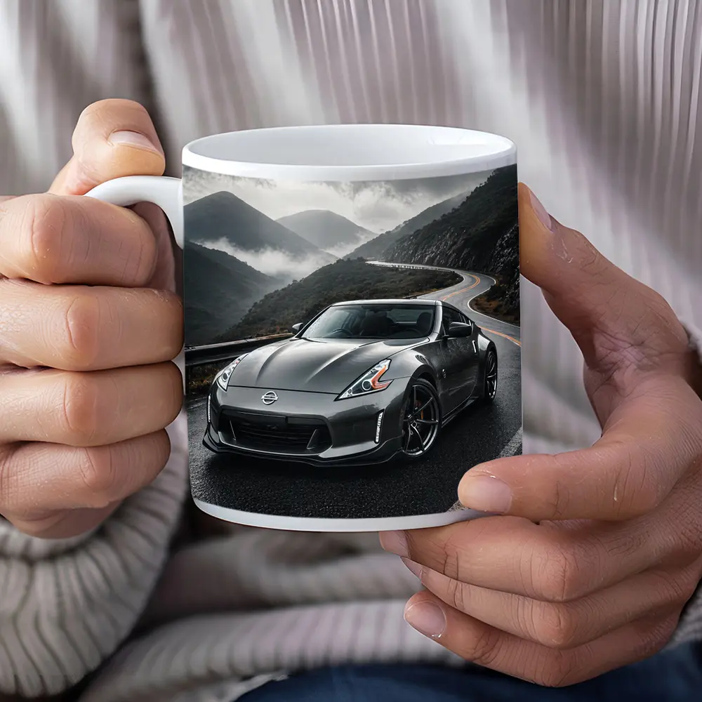 Nissan 370Z on Rainy Mountain Road – Mugs