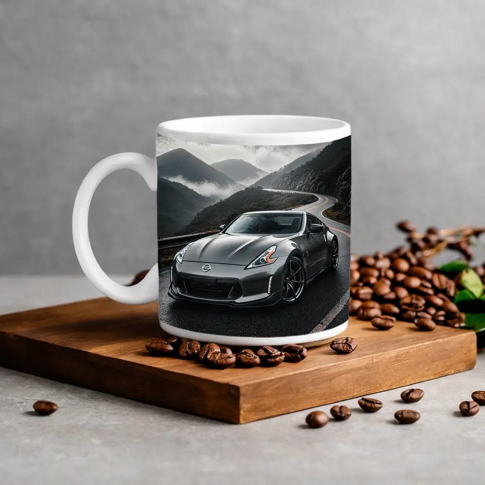 Nissan 370Z on Rainy Mountain Road – Mugs
