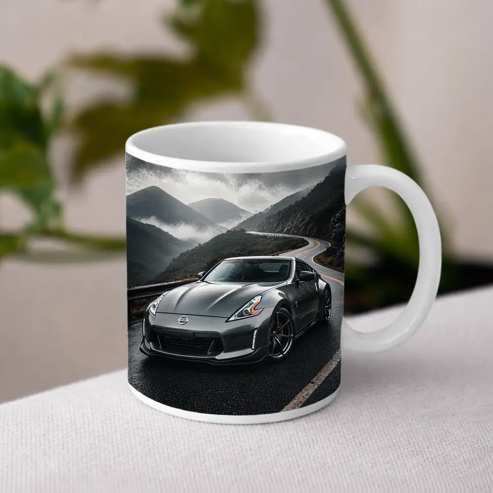 Nissan 370Z on Rainy Mountain Road – Mugs