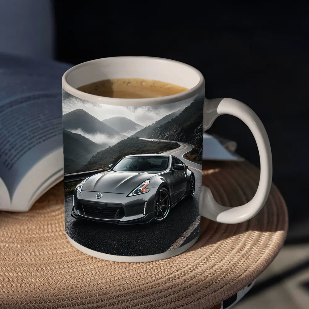 Nissan 370Z on Rainy Mountain Road – Mugs