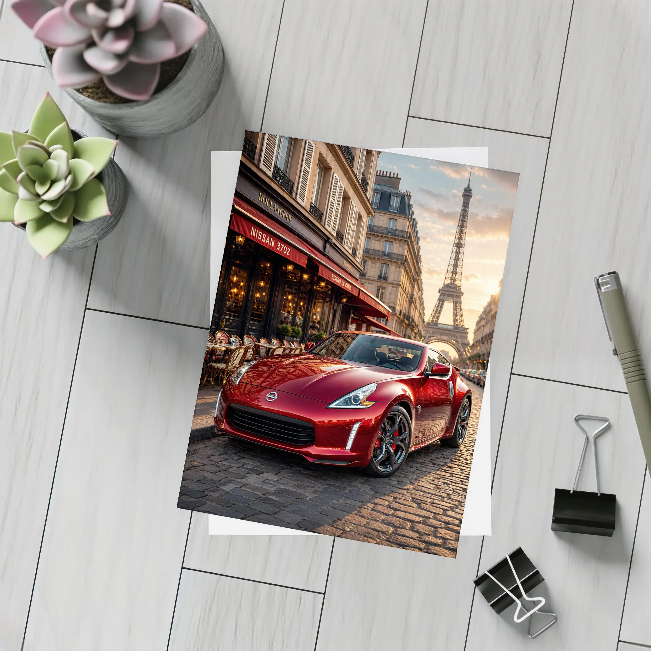 Nissan 370Z Red Sports Car Paris Streets – Postcards