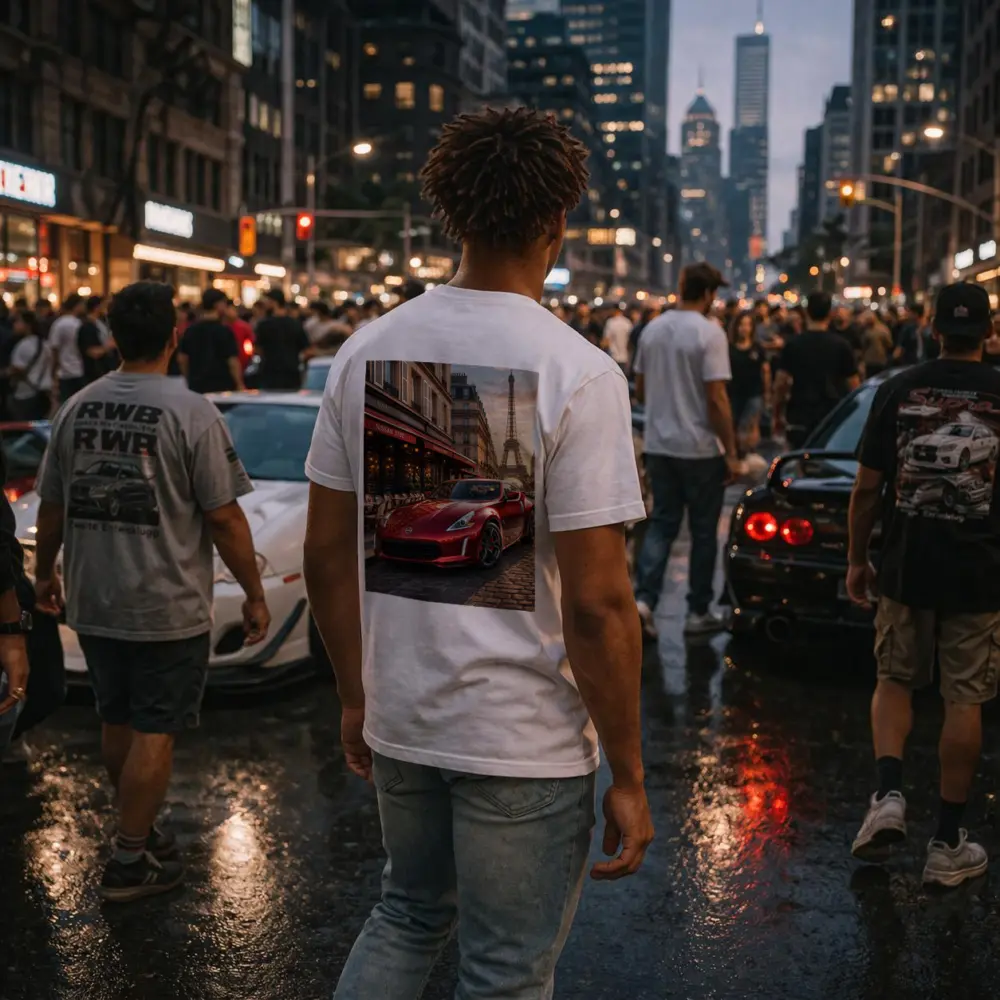 Nissan 370Z Red Sports Car Paris Streets – T-Shirts