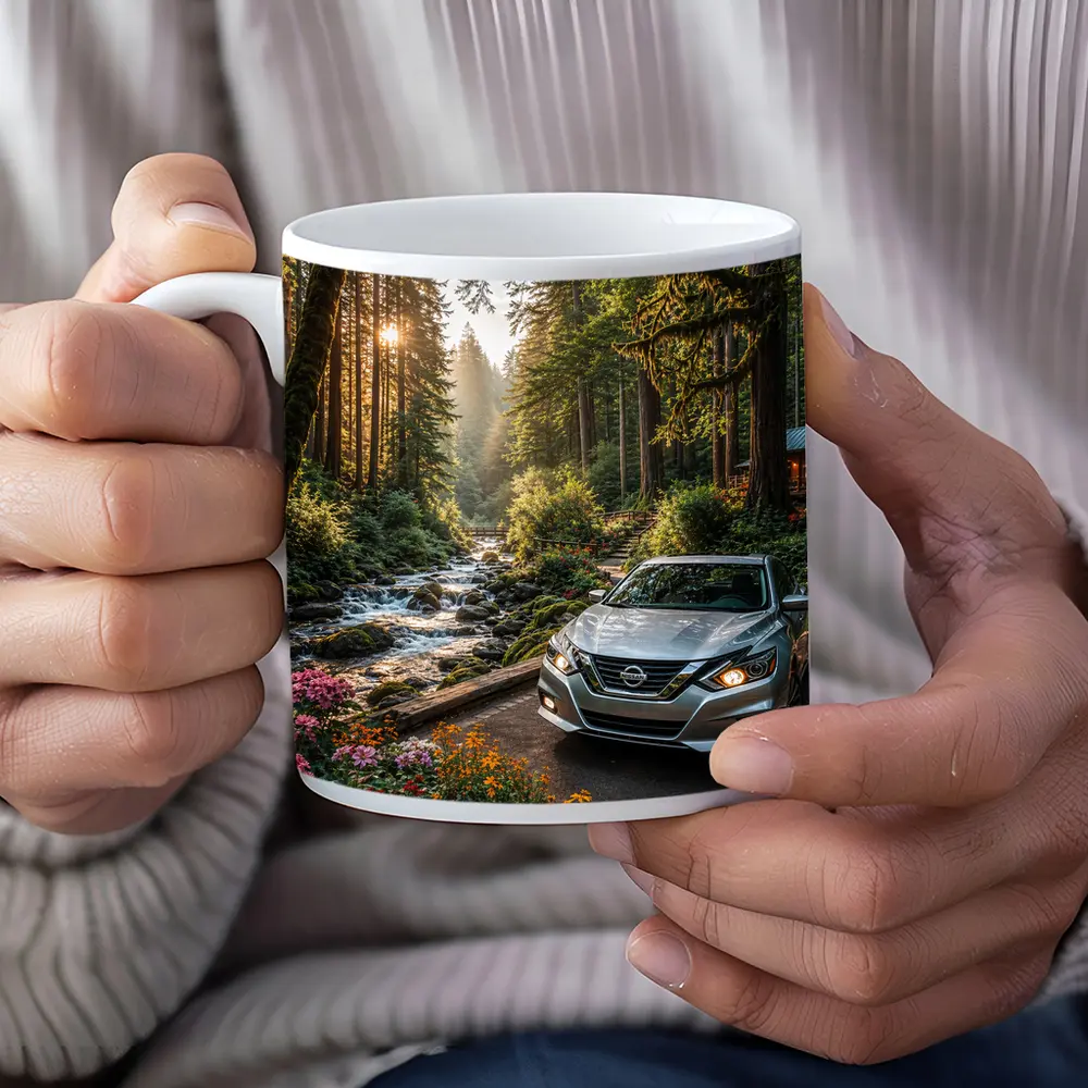 Nissan Altima Parked in Sunlit Forest – Mugs