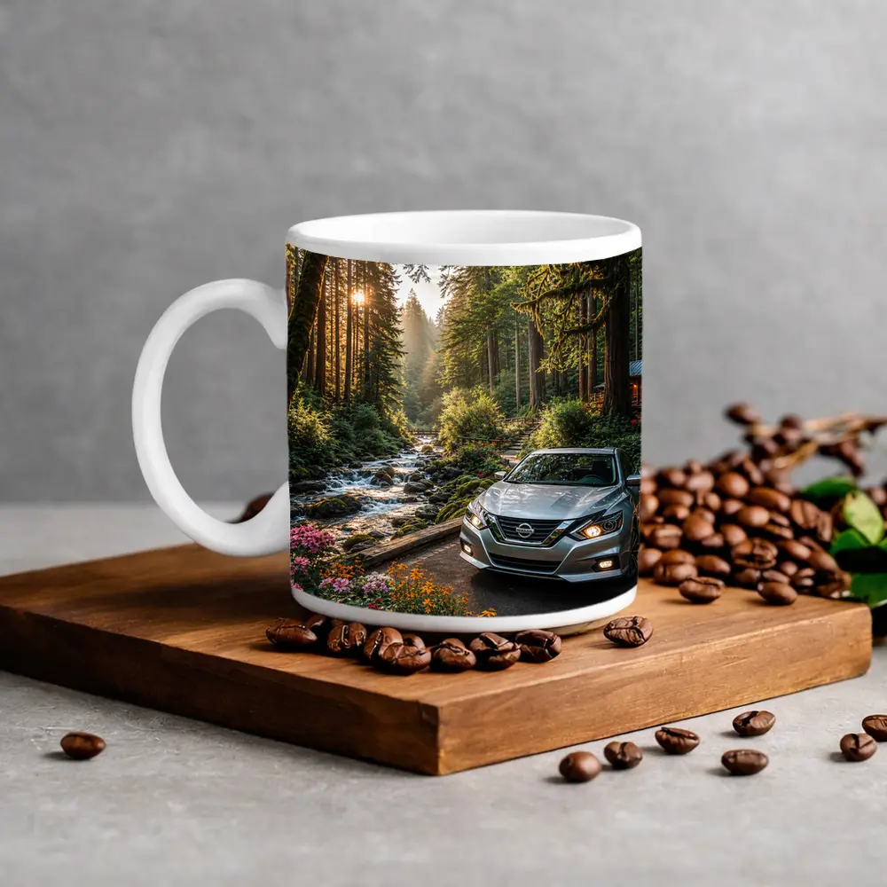 Nissan Altima Parked in Sunlit Forest – Mugs