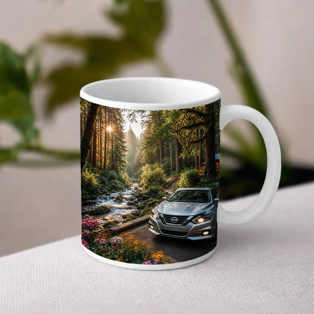 Nissan Altima Parked in Sunlit Forest – Mugs