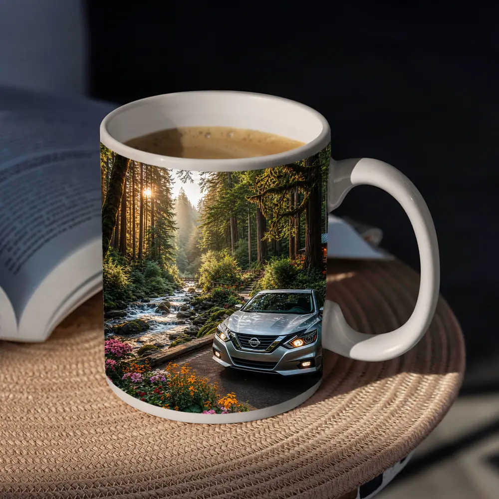 Nissan Altima Parked in Sunlit Forest – Mugs
