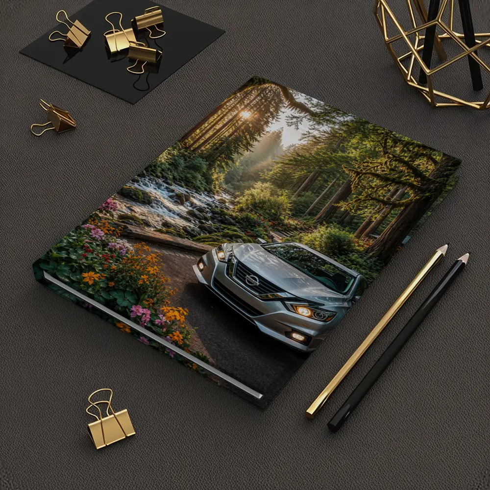 Nissan Altima Parked in Sunlit Forest – Notebooks