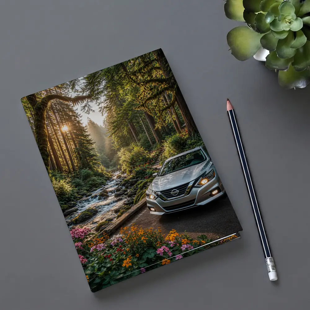 Nissan Altima Parked in Sunlit Forest – Notebooks