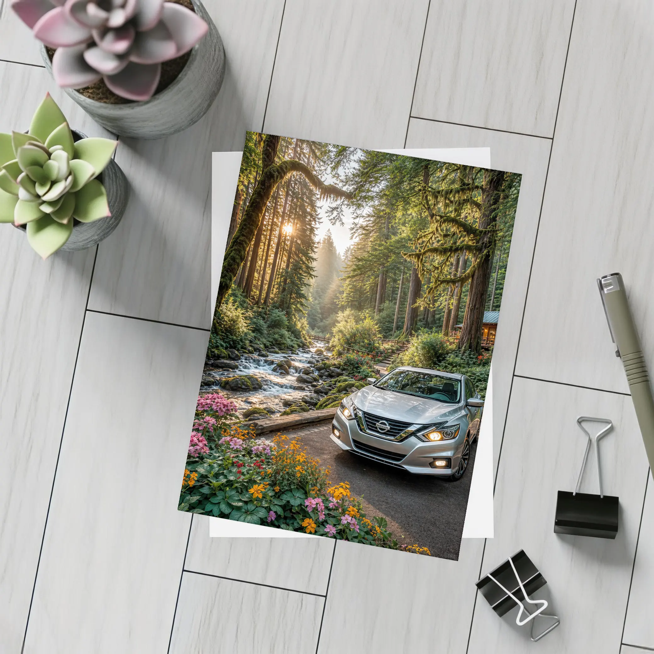 Nissan Altima Parked in Sunlit Forest – Postcards