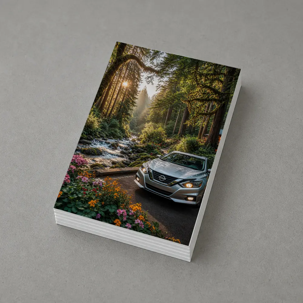 Nissan Altima Parked in Sunlit Forest – Postcards
