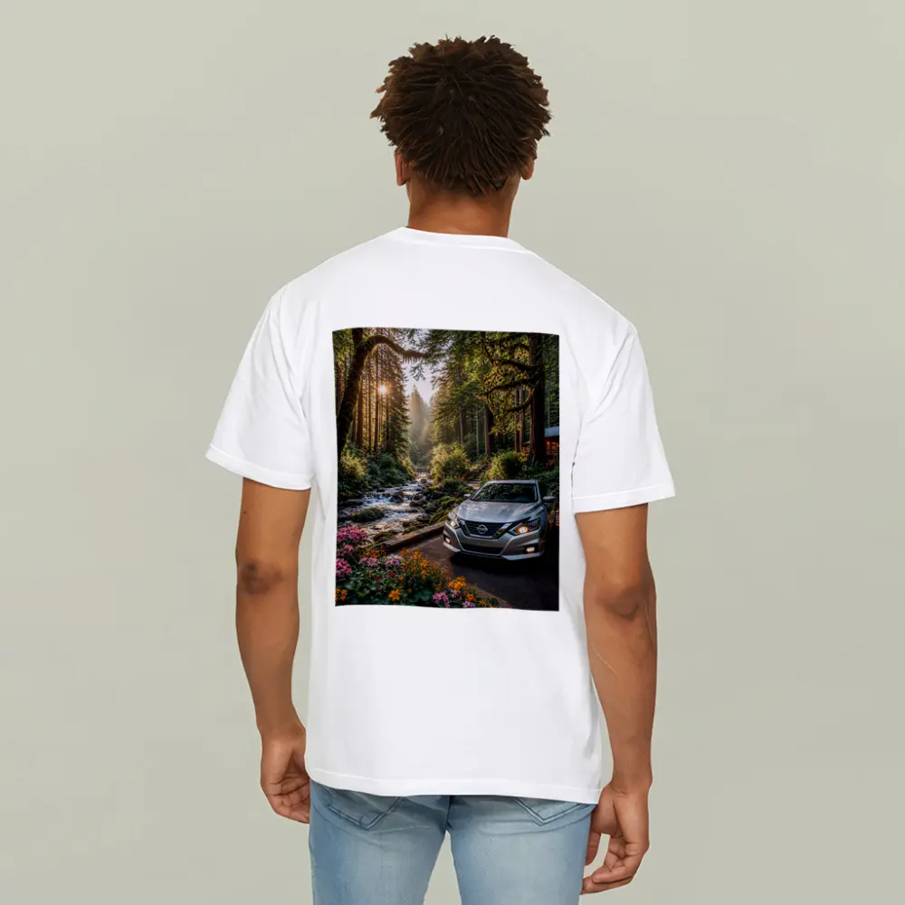Nissan Altima Parked in Sunlit Forest – T-Shirts