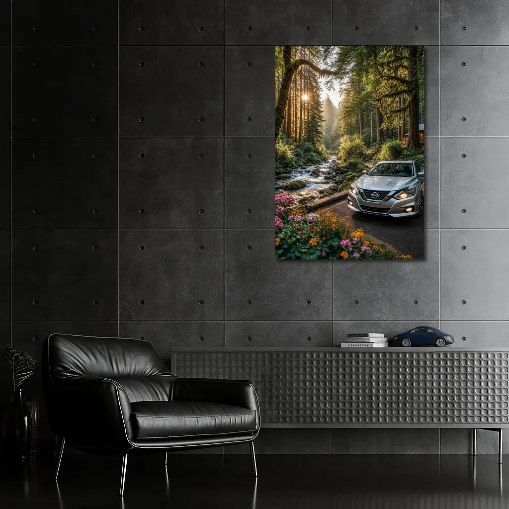 Nissan Altima Parked in Sunlit Forest – Wall Art
