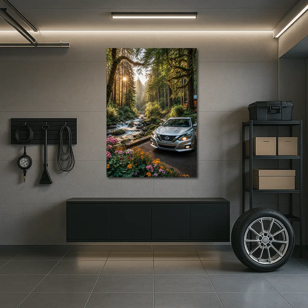 Nissan Altima Parked in Sunlit Forest – Wall Art