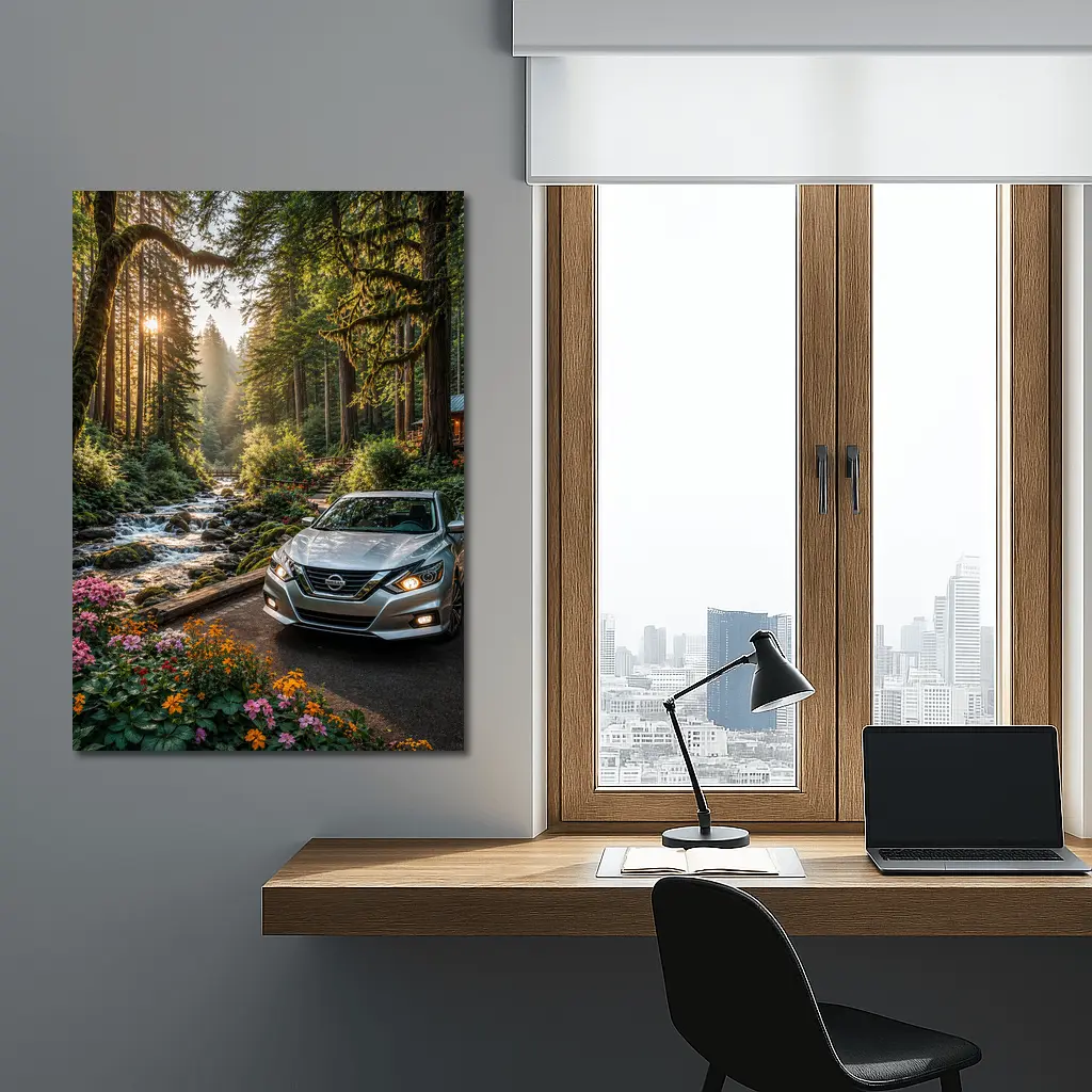 Nissan Altima Parked in Sunlit Forest – Wall Art