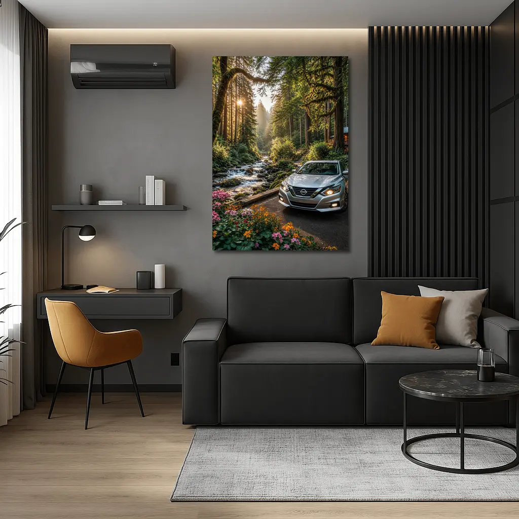 Nissan Altima Parked in Sunlit Forest – Wall Art