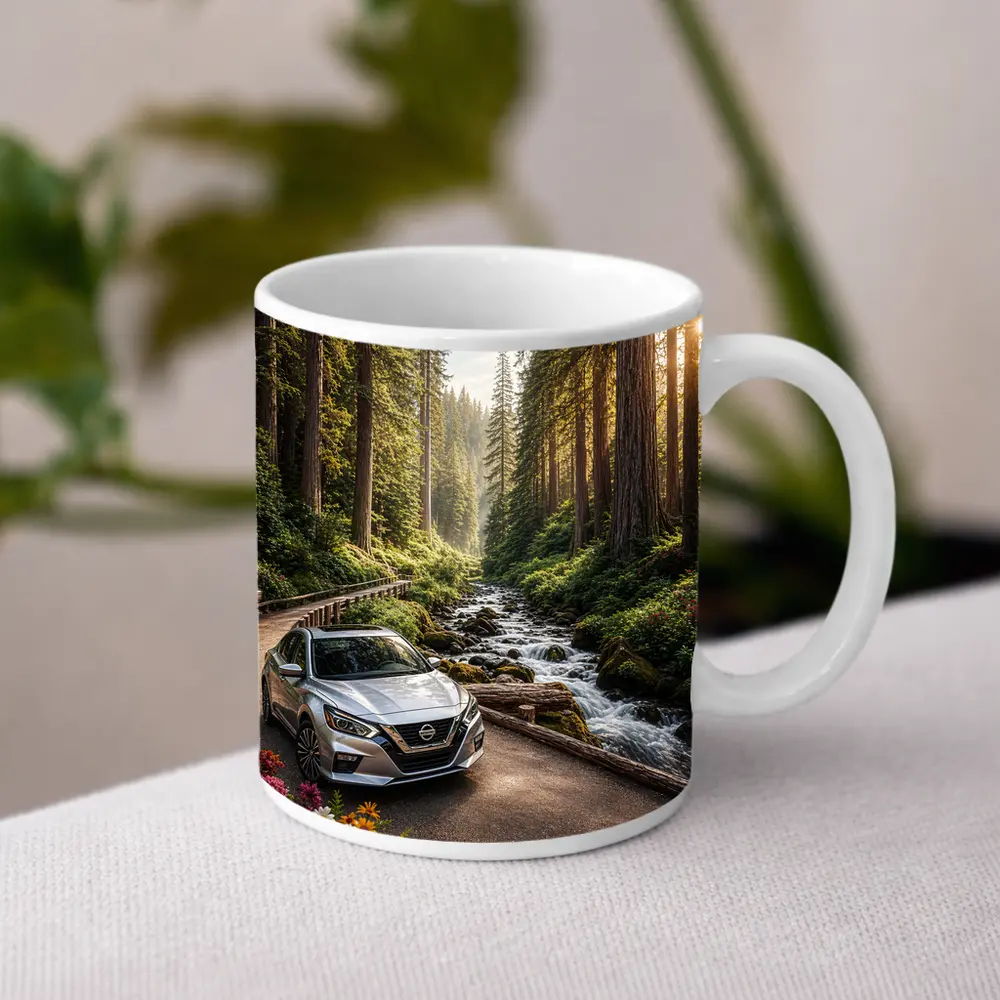 Nissan Altima Silver Car Forest Stream – Mugs