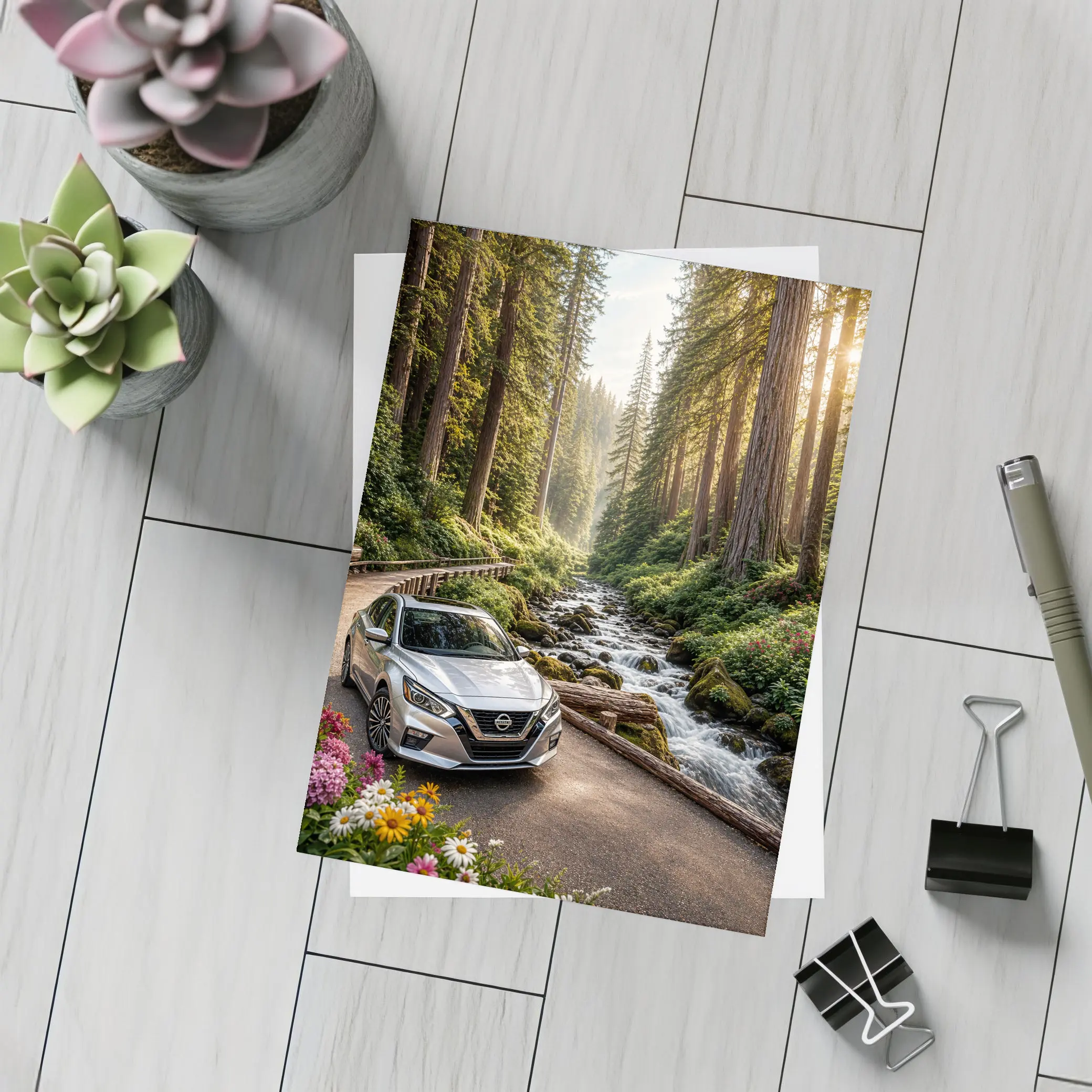 Nissan Altima Silver Car Forest Stream – Postcards