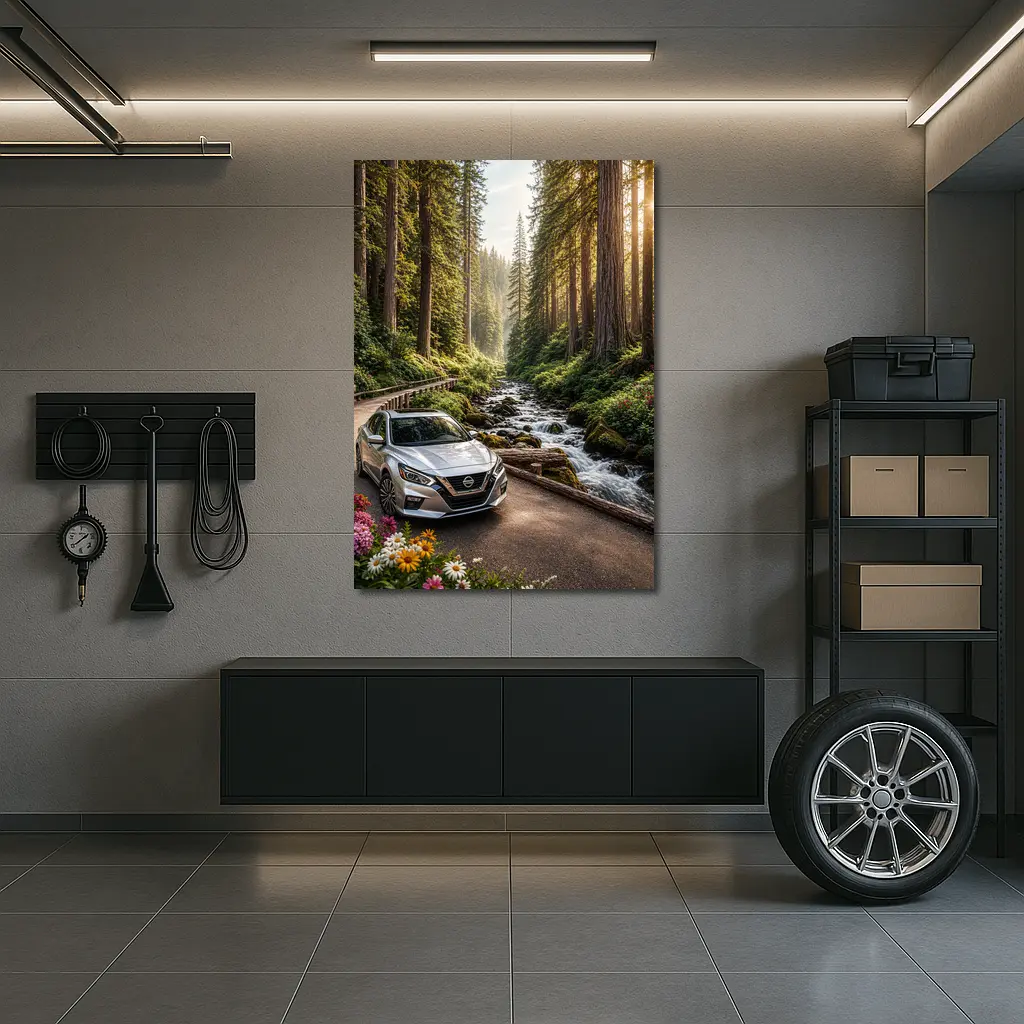 Nissan Altima Silver Car Forest Stream – Wall Art