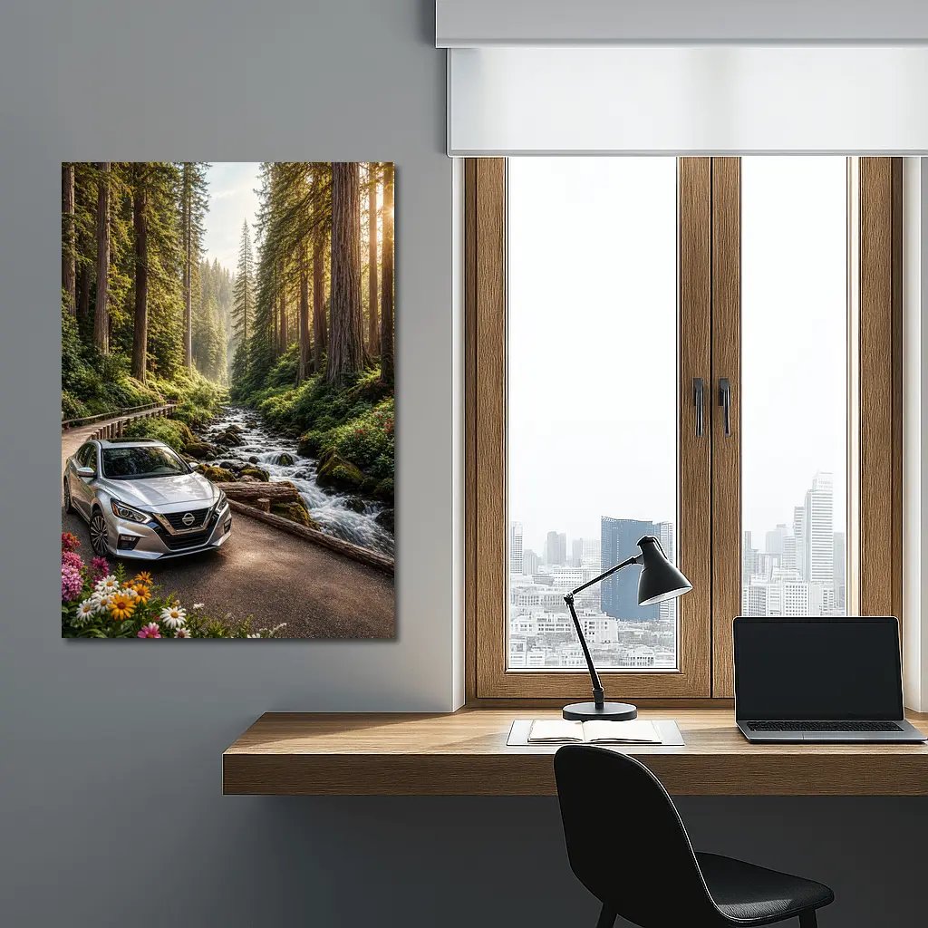 Nissan Altima Silver Car Forest Stream – Wall Art