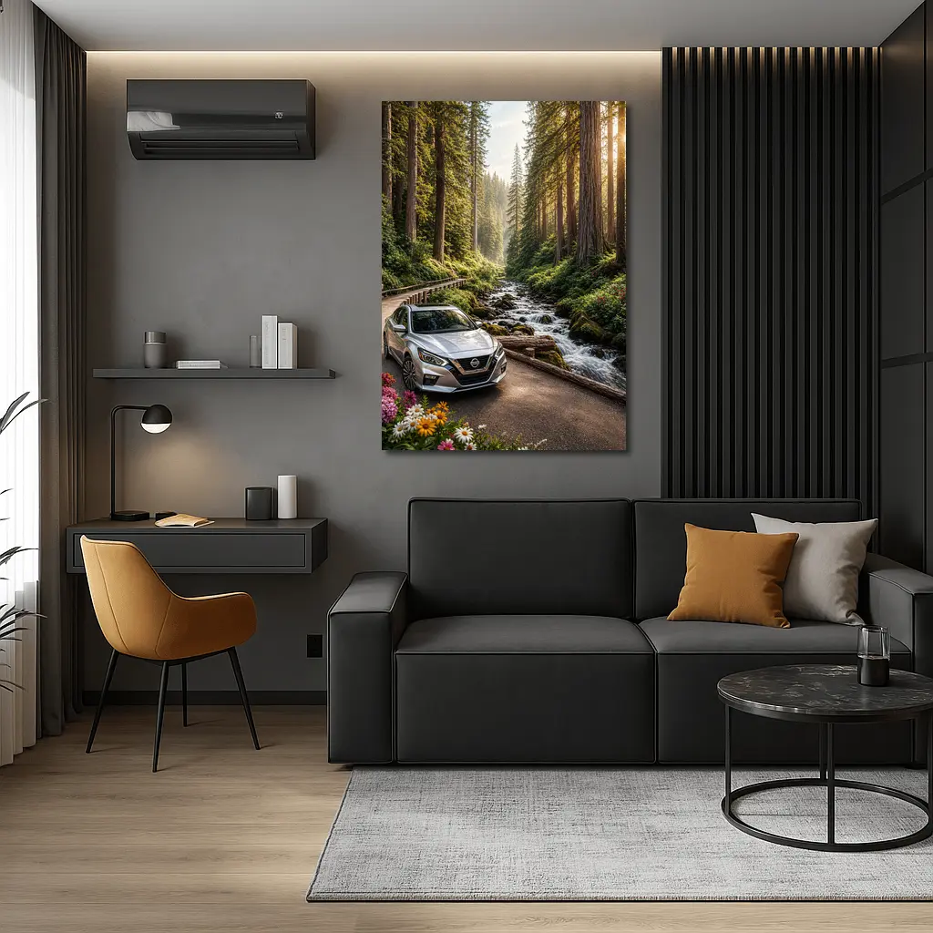Nissan Altima Silver Car Forest Stream – Wall Art